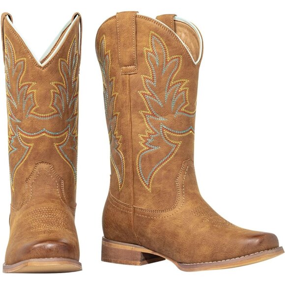 Women's Tan Square Toe Mid Calf Shoes Pull On Fashion Embroidered Western Boots - Picture 5 of 9